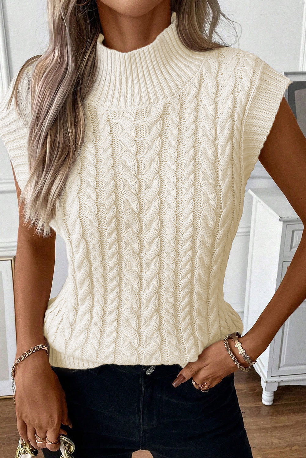 Oatmeal Cable Knit High Neck Sweater Vest Top