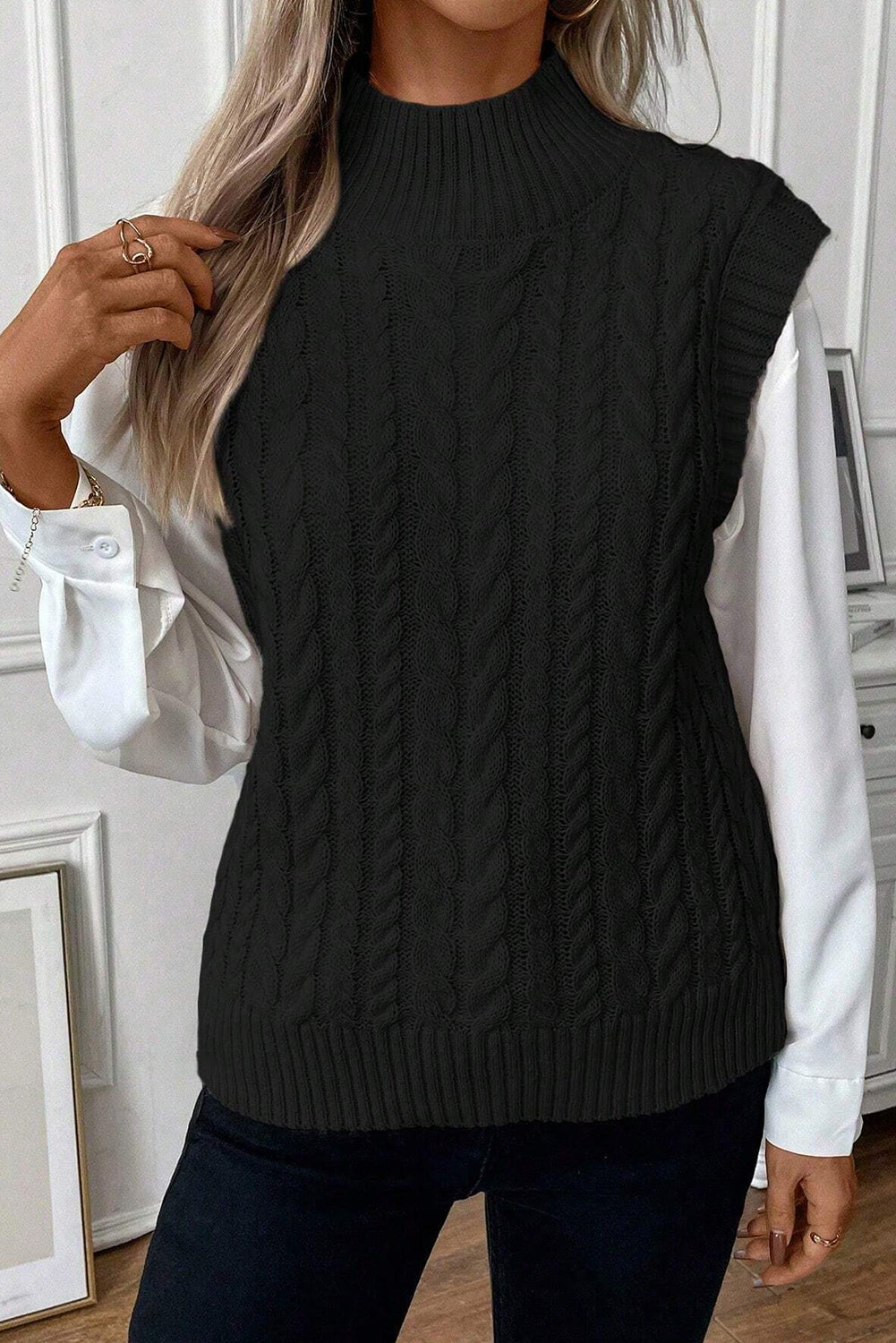 Oatmeal Cable Knit High Neck Sweater Vest Top
