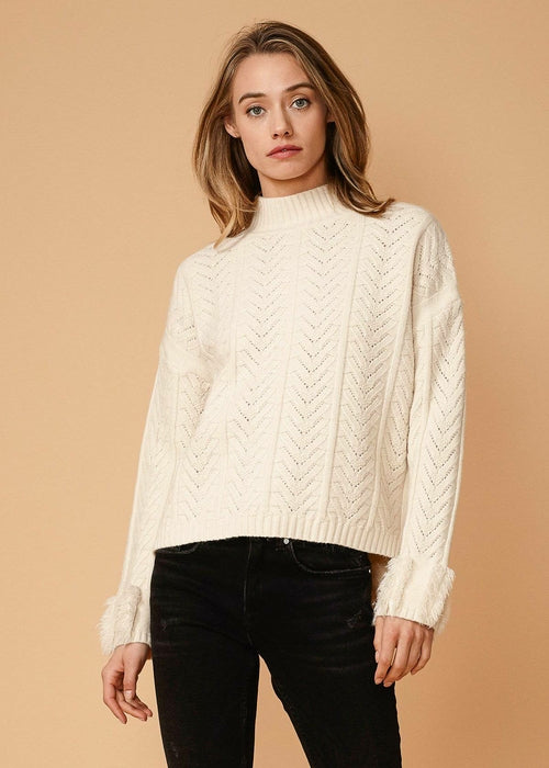 Women's Turtle Neck Fringe Sweater Top in Natural