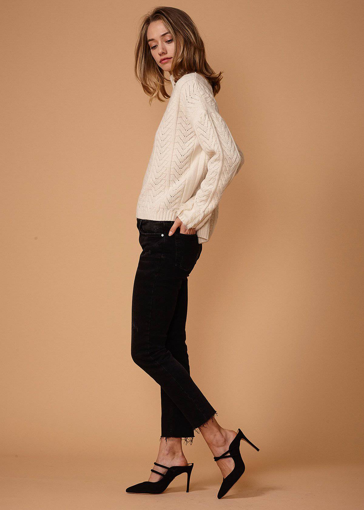 Women's Turtle Neck Fringe Sweater Top in Natural