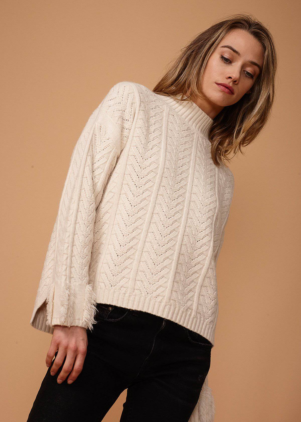 Women's Turtle Neck Fringe Sweater Top in Natural