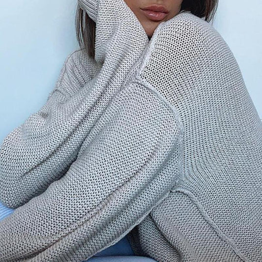 Knitted solid top neck sweater jumper Women autumn