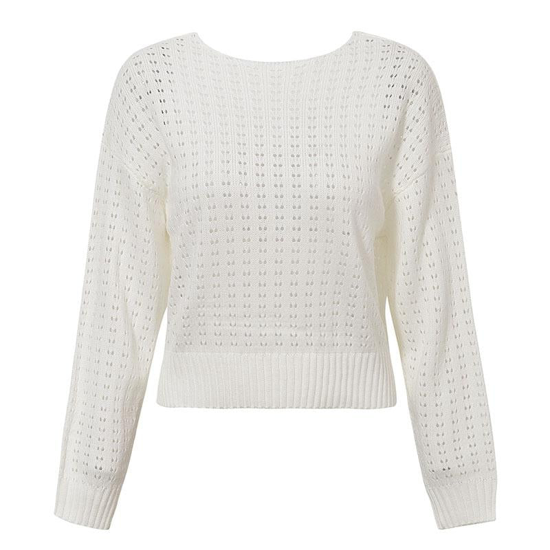 Knitted hollow out top pullover Women backless long sleeve