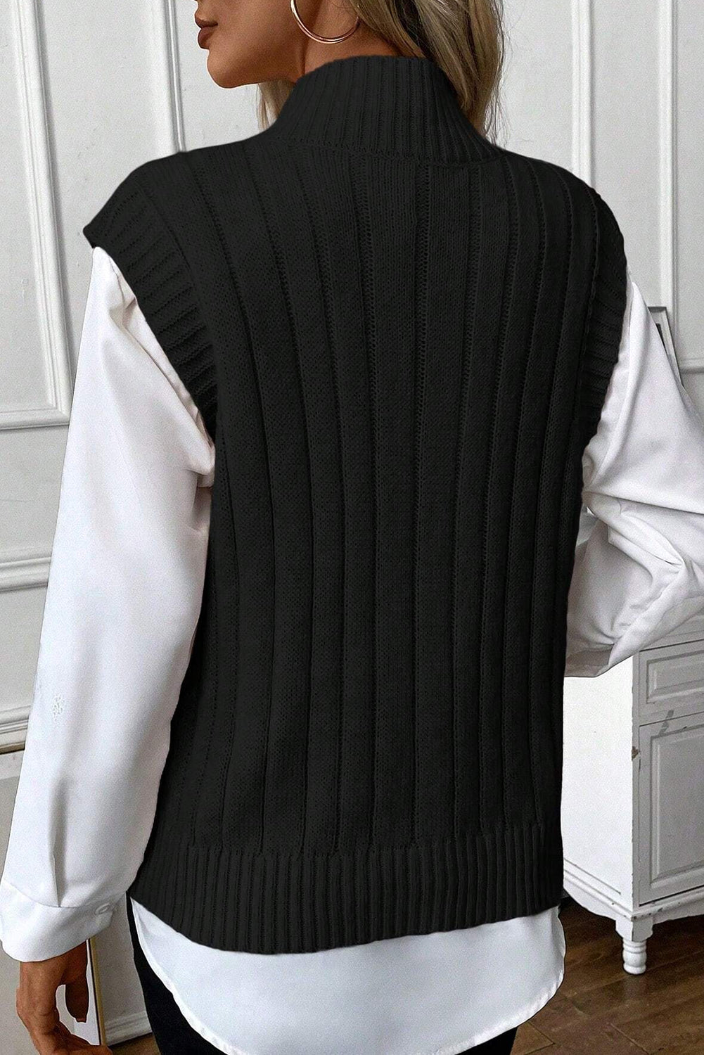 Oatmeal Cable Knit High Neck Sweater Vest Top