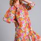 Umgee Full Size Ruffled Flower Print Tie Neck Tiered Dress Plus Size