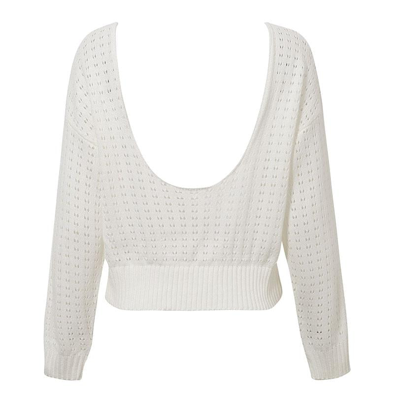Knitted hollow out top pullover Women backless long sleeve