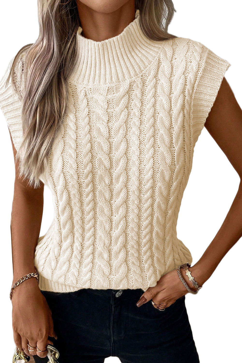 Oatmeal Cable Knit High Neck Sweater Vest Top