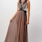 Elegant Sheer Maxi Dress with Lace Bodice and Flowing Skirt