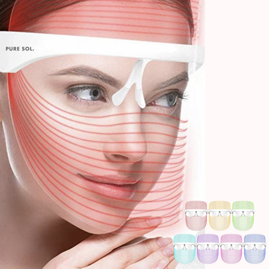 Woman wearing a facial device with visible lines on her face, accompanied by color options below.
