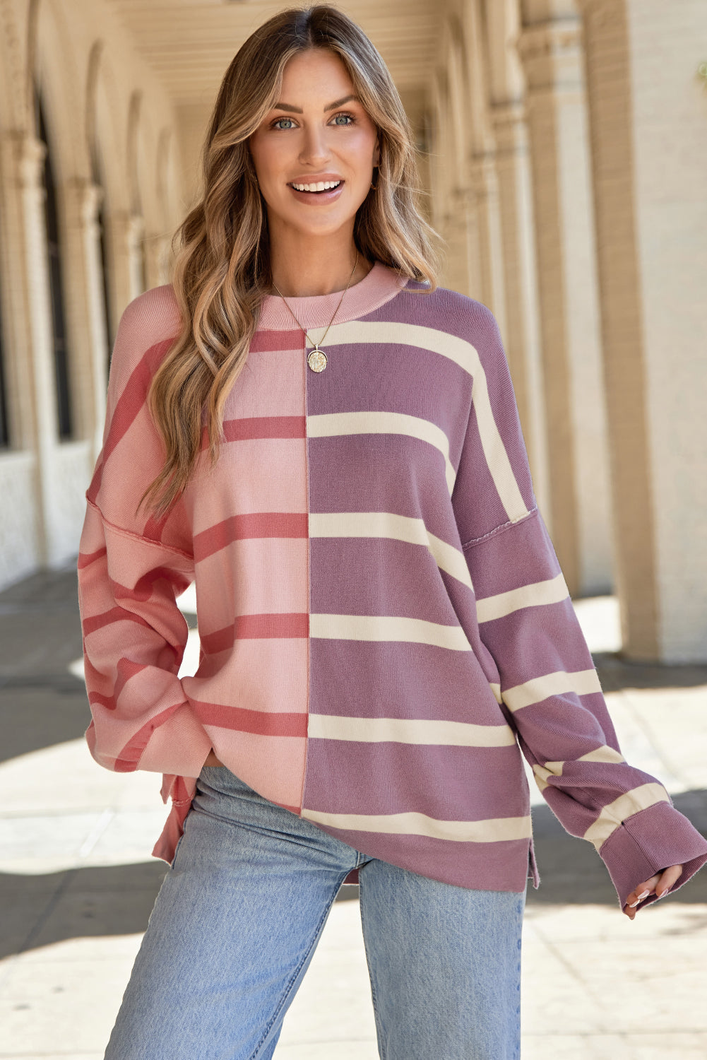 Pink Stripe Color block Oversized Sweater Top