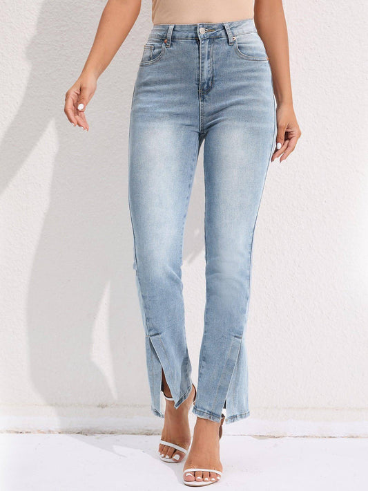 Commuter Split Straight Pants Fashionable Stretch Washed Jeans Women Bottom