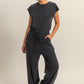HYFVE Back Keyhole Round Neck Cap Sleeve Drawstring Jumpsuit