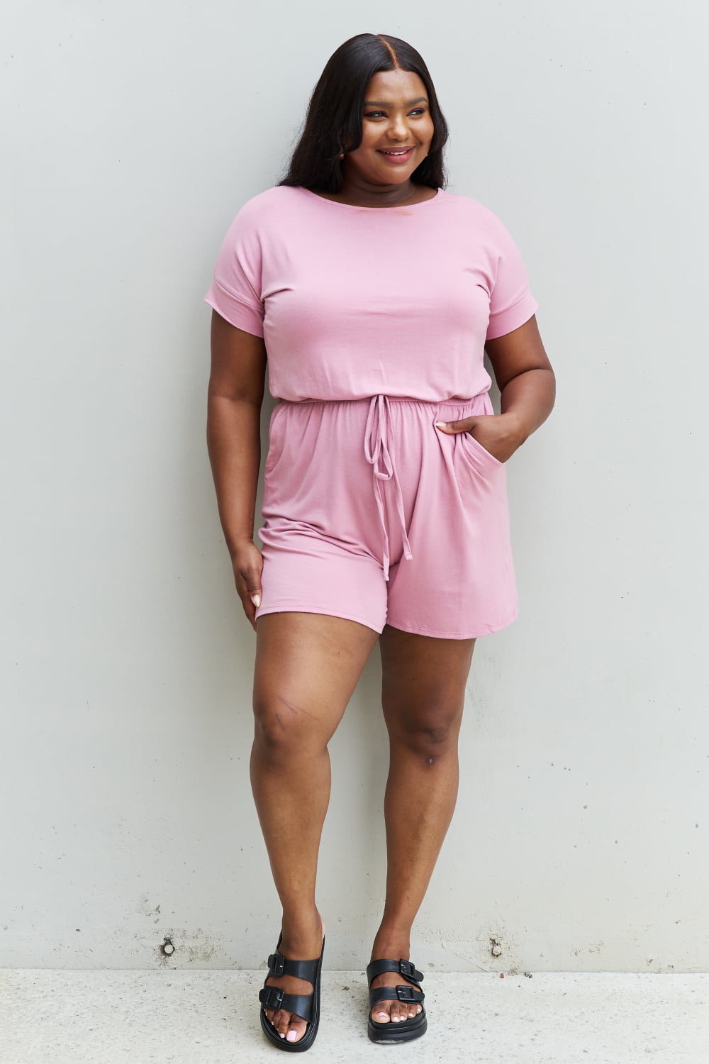 Zenana Chilled Out Full Size Short Sleeve Romper in Light Carnation