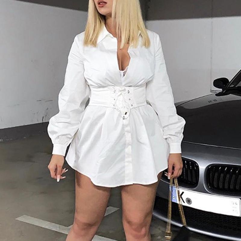 Elegant belt white office shirt dress Women lantern sleeve