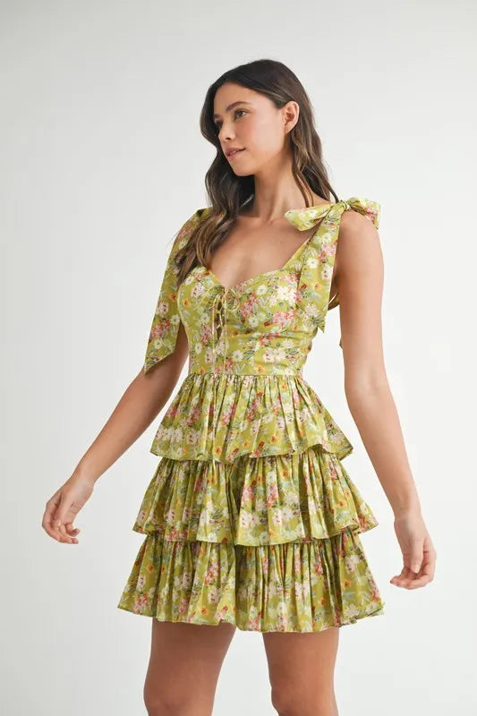 MABLE Floral Print Shoulder Tie Layered Mini Dress