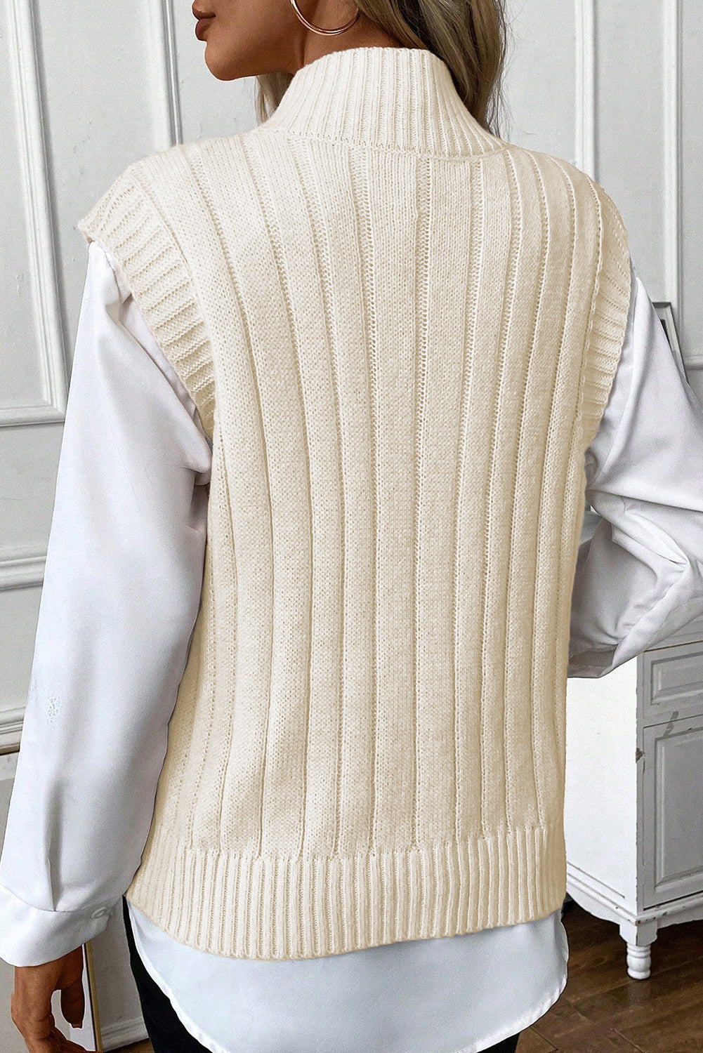 Oatmeal Cable Knit High Neck Sweater Vest Top