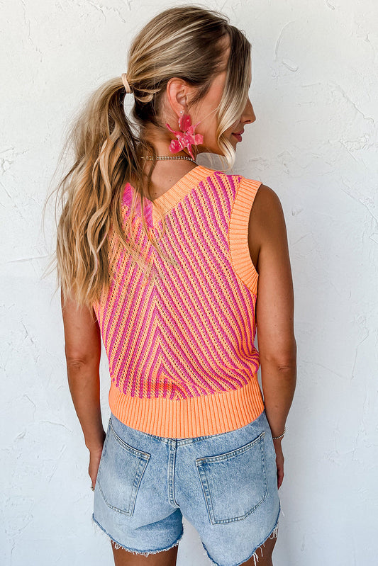 Strawberry Pink Contrast Chevron Knit V Neck Sweater Vest Top