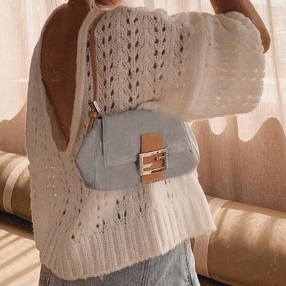 Knitted hollow out top pullover Women backless long sleeve