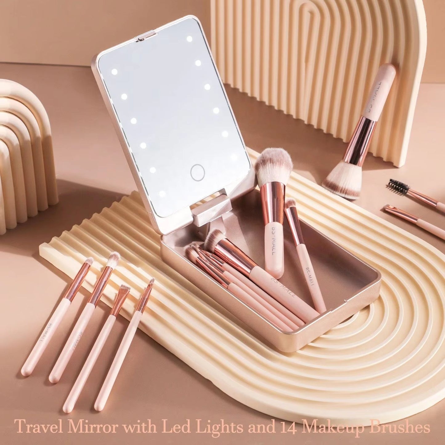 14PCS Travel Makeup Brush Set LED Light Mirror Private Label Portable