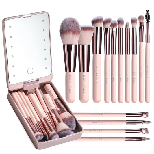 14PCS Travel Makeup Brush Set LED Light Mirror Private Label Portable