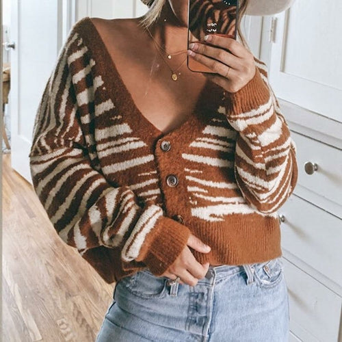 Brown stripe autumn winter women cardigan Office lady off shoulder top