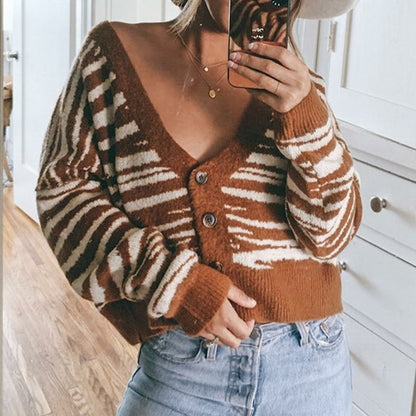 Brown stripe autumn winter women cardigan Office lady off shoulder top