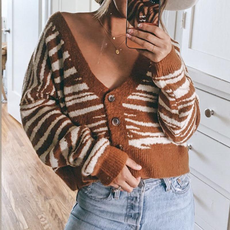 Brown stripe autumn winter women cardigan Office lady off shoulder top