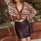 Brown stripe autumn winter women cardigan Office lady off shoulder top