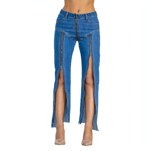 UrbanEase™ Women Bottom Zipper Jeans Women Unique Dark Blue Denim