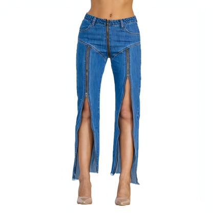 UrbanEase™ Women Bottom Zipper Jeans Women Unique Dark Blue Denim