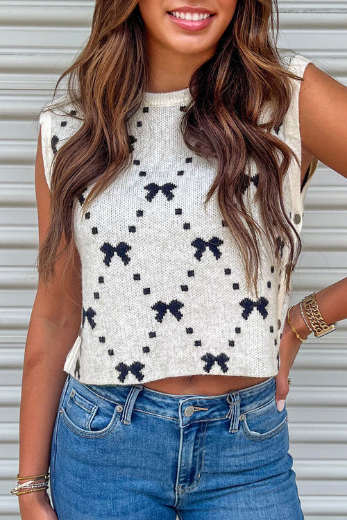 White Bow Pattern Buttoned Side Cropped Top Sweater Vest
