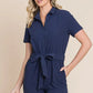 Lime 'N' Chili Collared Button Down Romper with Tie Belt