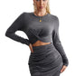 Gray Long Sleeve Cut-out Twist Ruched Bodycon Mini Dress