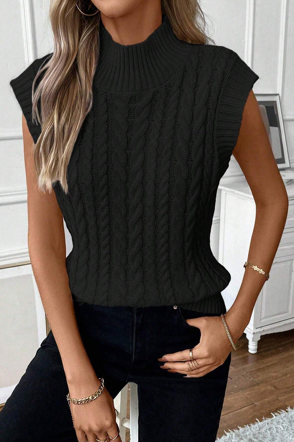 Oatmeal Cable Knit High Neck Sweater Vest Top