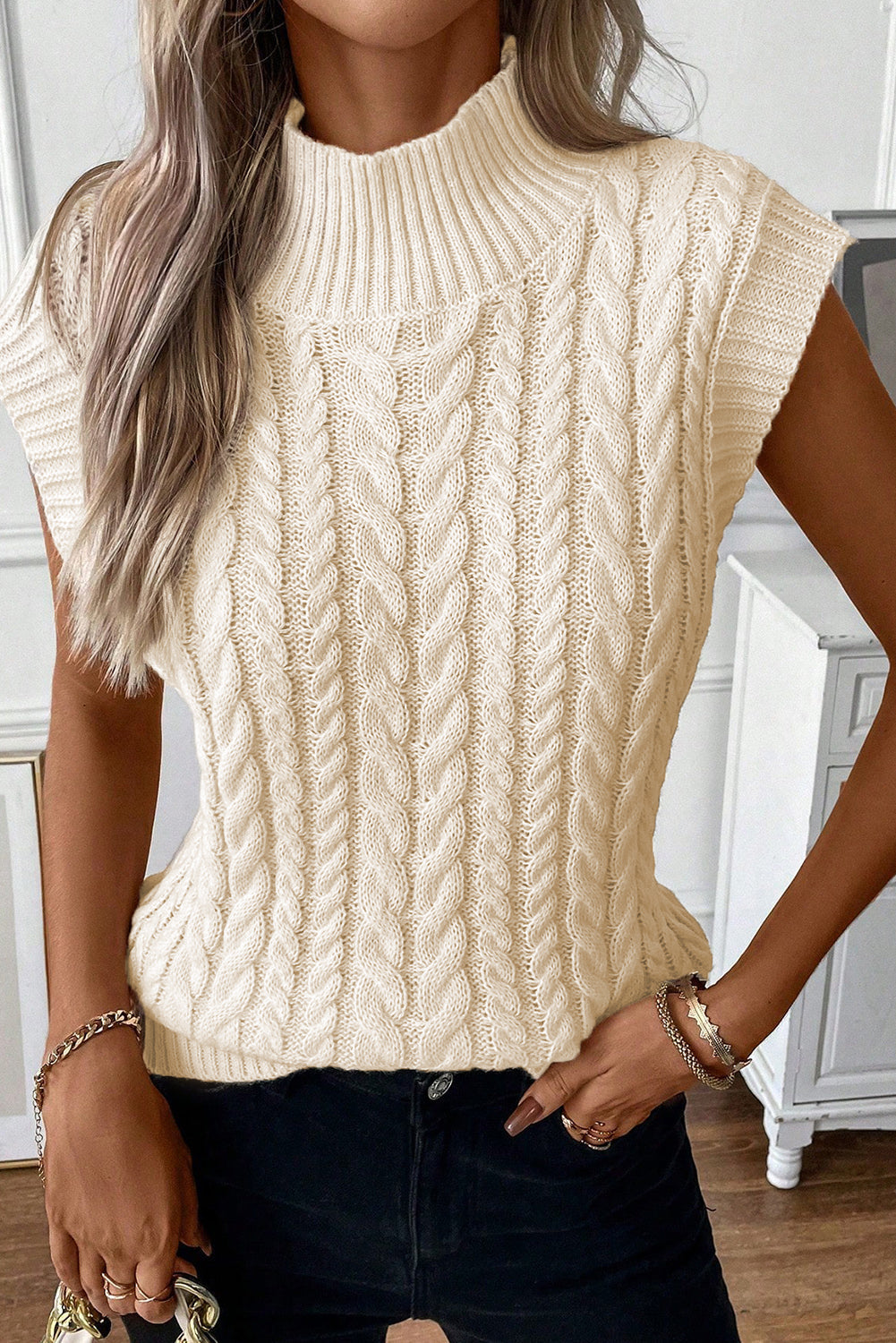 Oatmeal Cable Knit High Neck Sweater Vest Top