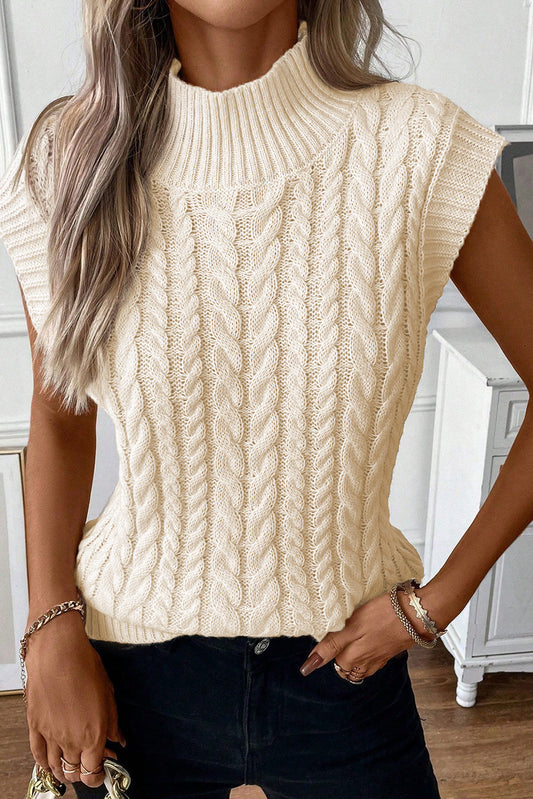 Oatmeal Cable Knit High Neck Sweater Vest Top