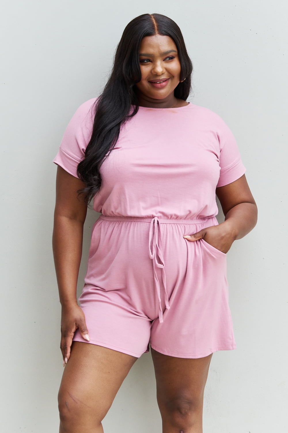 Zenana Chilled Out Full Size Short Sleeve Romper in Light Carnation