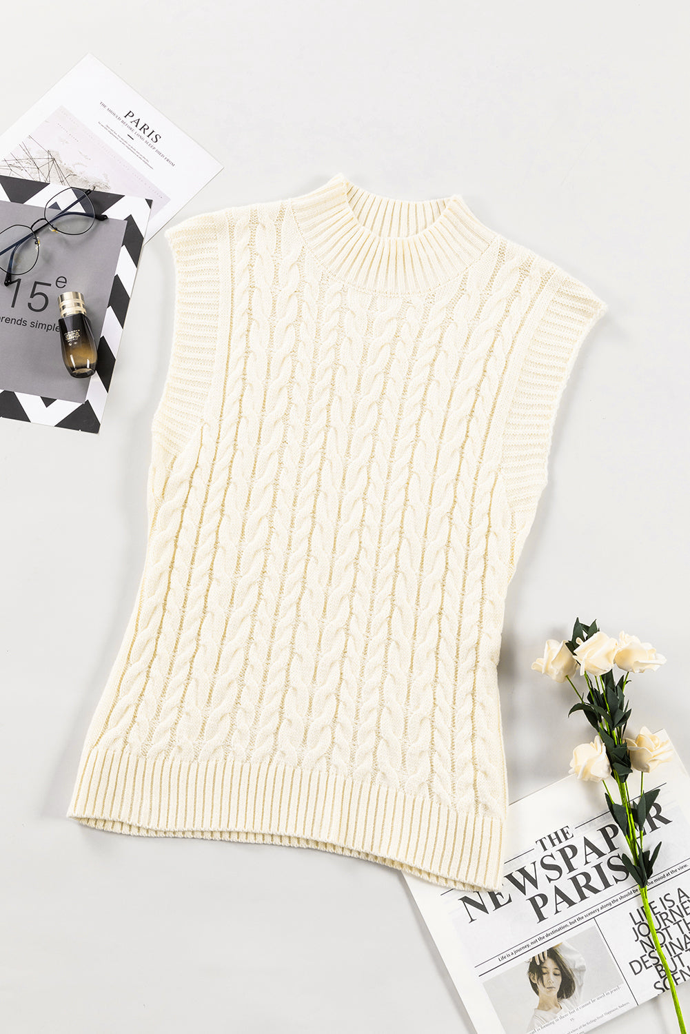 Oatmeal Cable Knit High Neck Sweater Vest Top