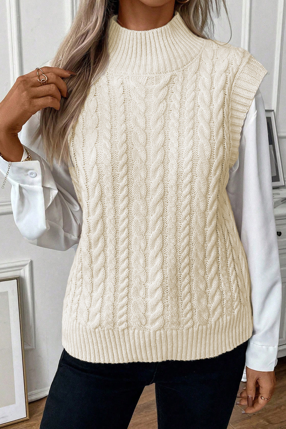 Oatmeal Cable Knit High Neck Sweater Vest Top