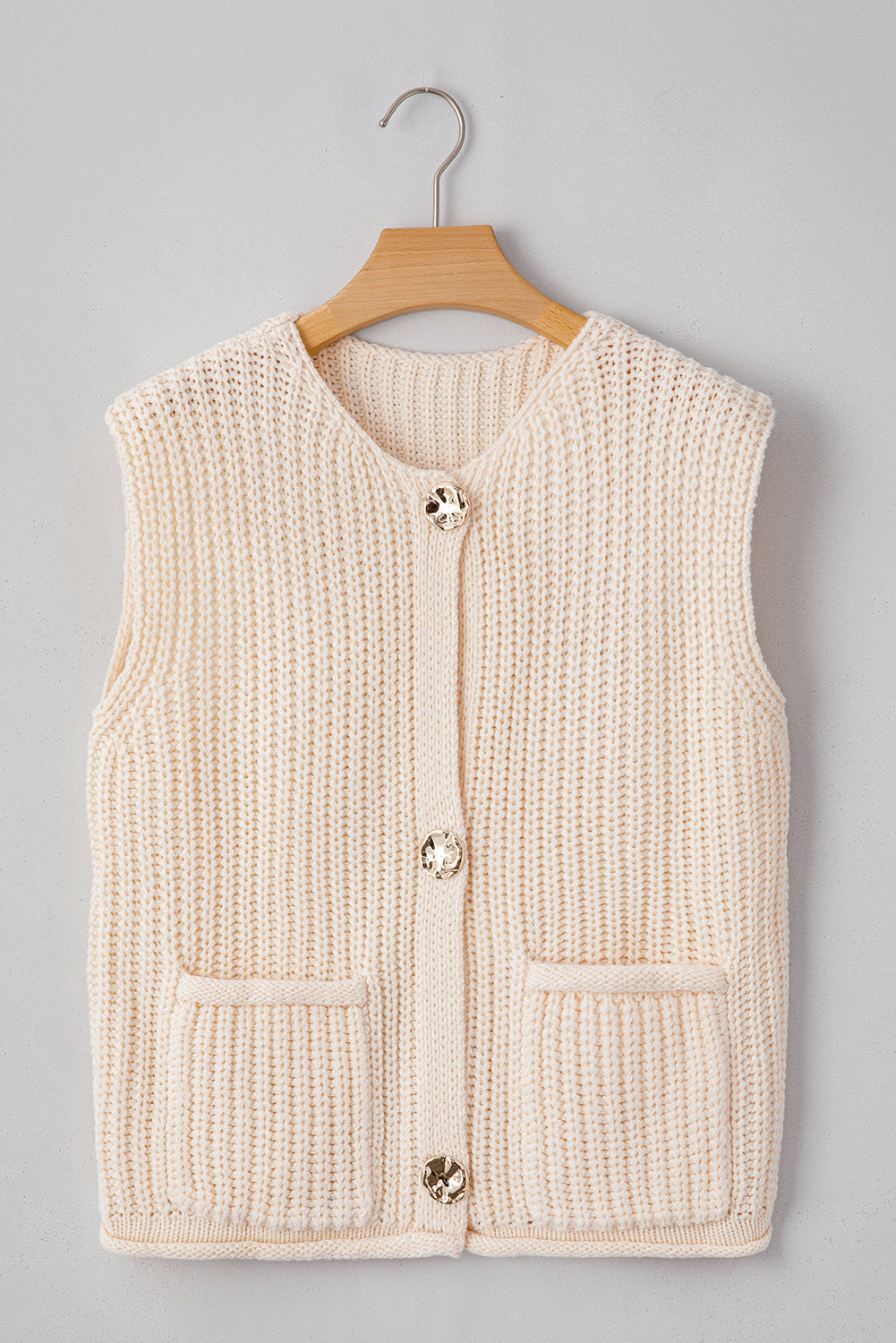 White Solid Textured Knit Side Pockets Buttoned Sweater Vest top
