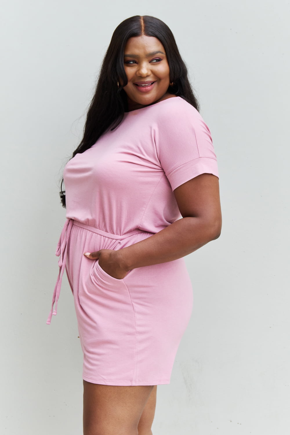 Zenana Chilled Out Full Size Short Sleeve Romper in Light Carnation