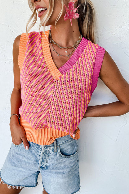 Strawberry Pink Contrast Chevron Knit V Neck Sweater Vest Top