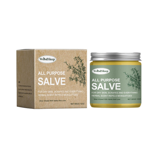 All purpose salve packaging with jar and box on a white background