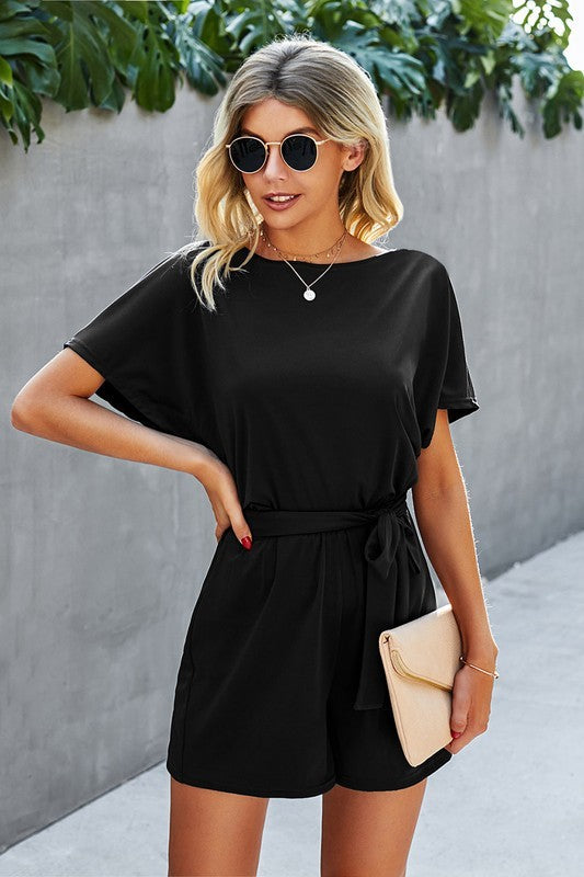 Boat Neck Short Sleeve Waist Tie Loose Romper