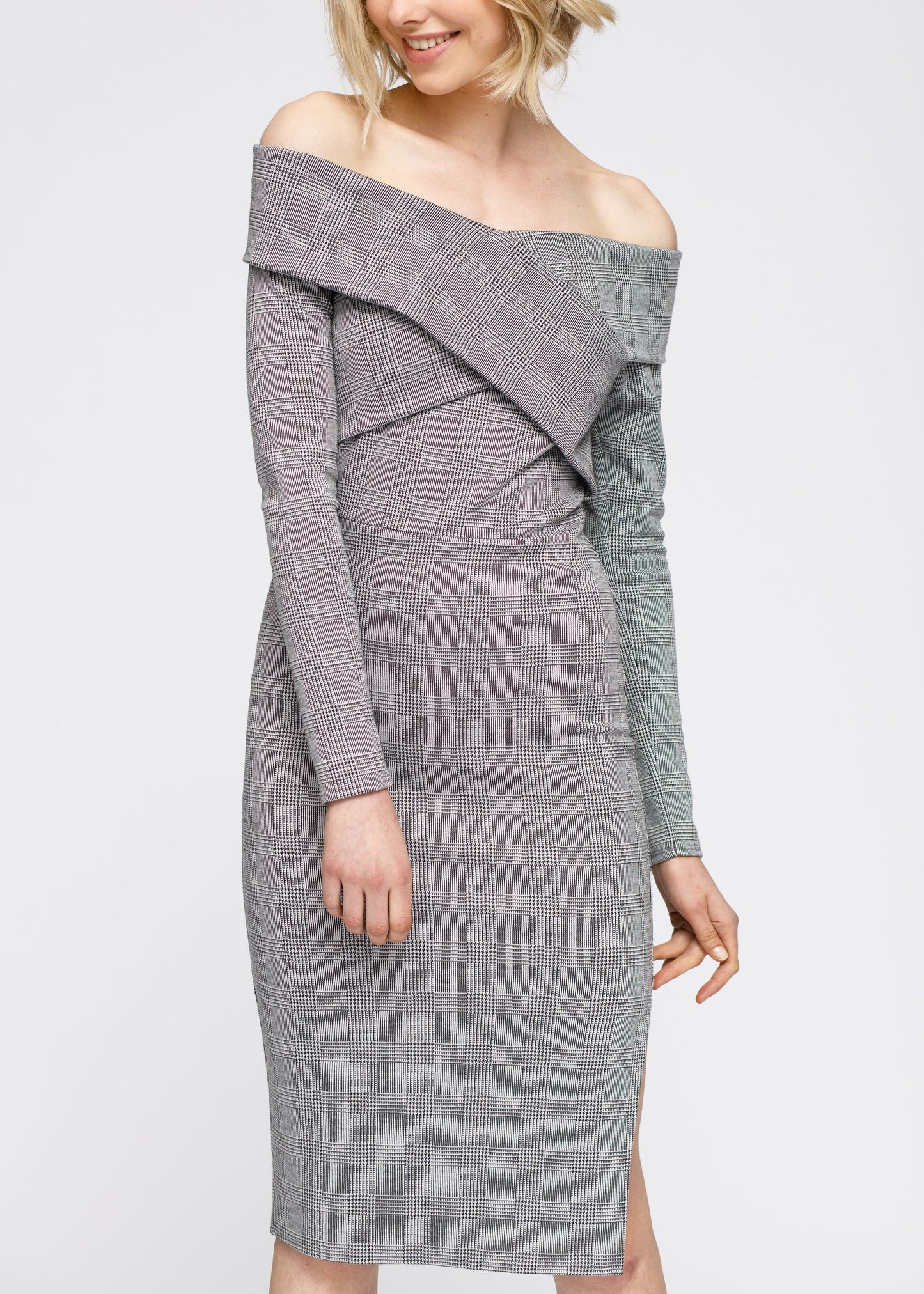 Women's Glen Plaid Off Shoulder Crisscross Dress In Grey Black