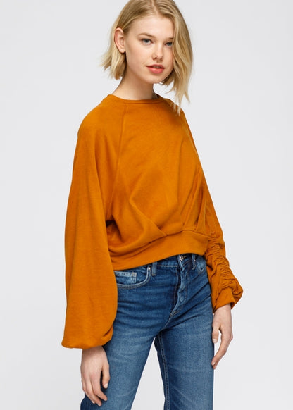 Women's Crewneck Ruched Sleeve Sweatshirt Top