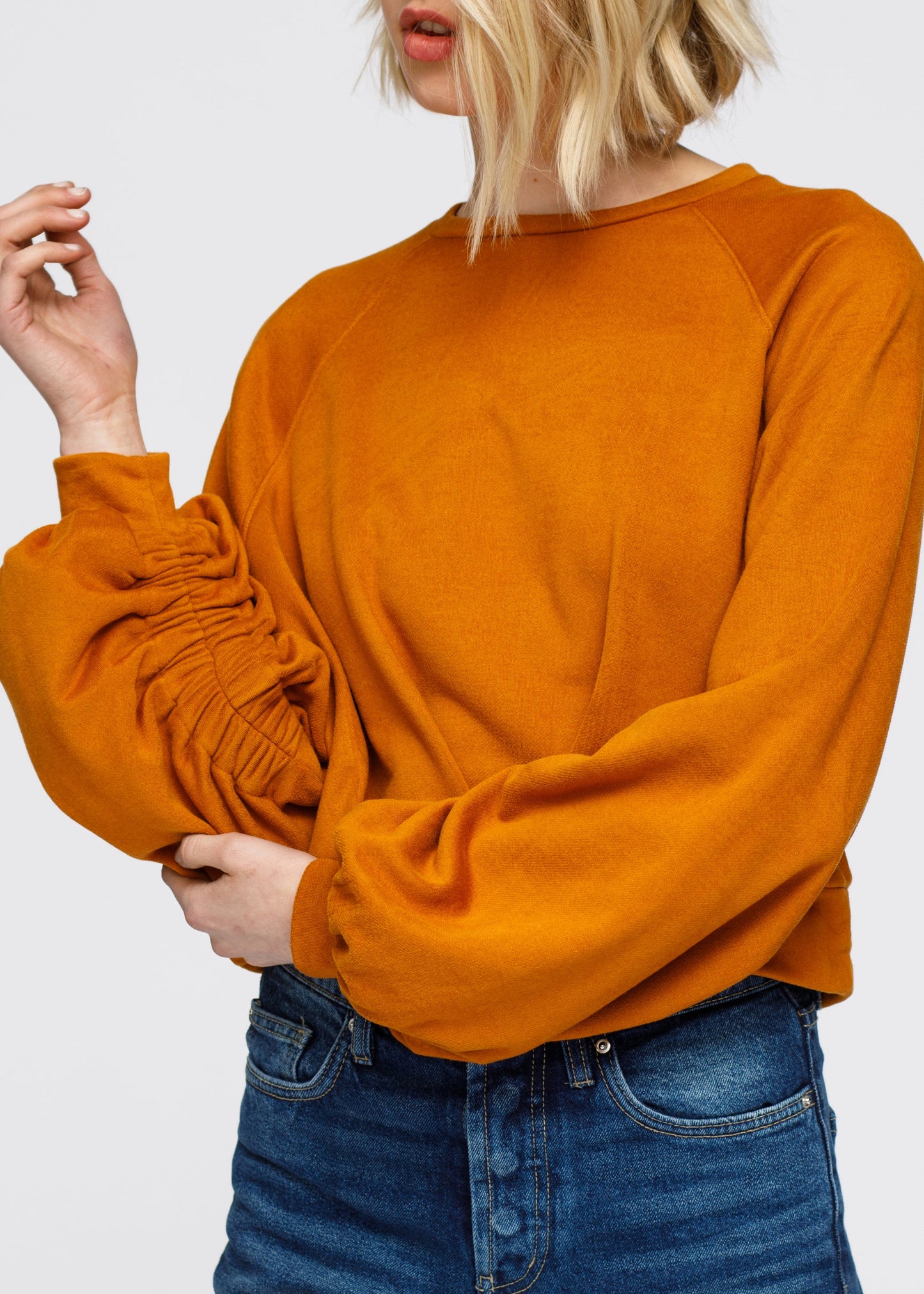 Women's Crewneck Ruched Sleeve Sweatshirt Top