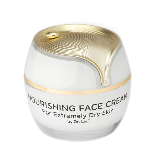 Nourishing face cream jar with gold accents on a white background