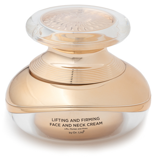 Gold and clear jar of lifting and firming face and neck cream by Dr. Lilo on a white background