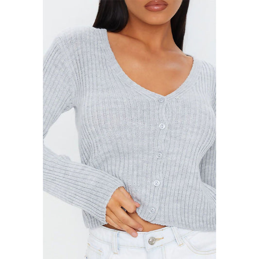 Grey Button Front Ribbed Cardigan Top
